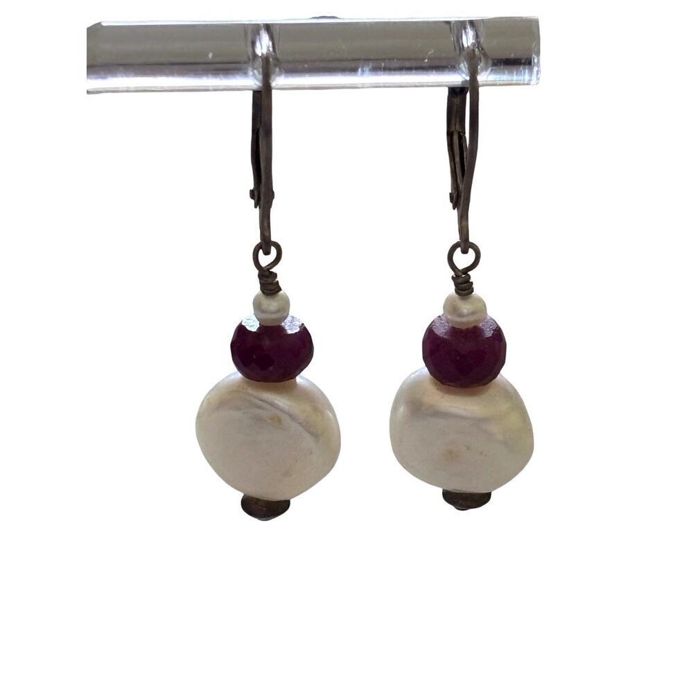 Sterling Silver Freshwater Pearl And Ruby Dangle Lever Back Earrings Artesian